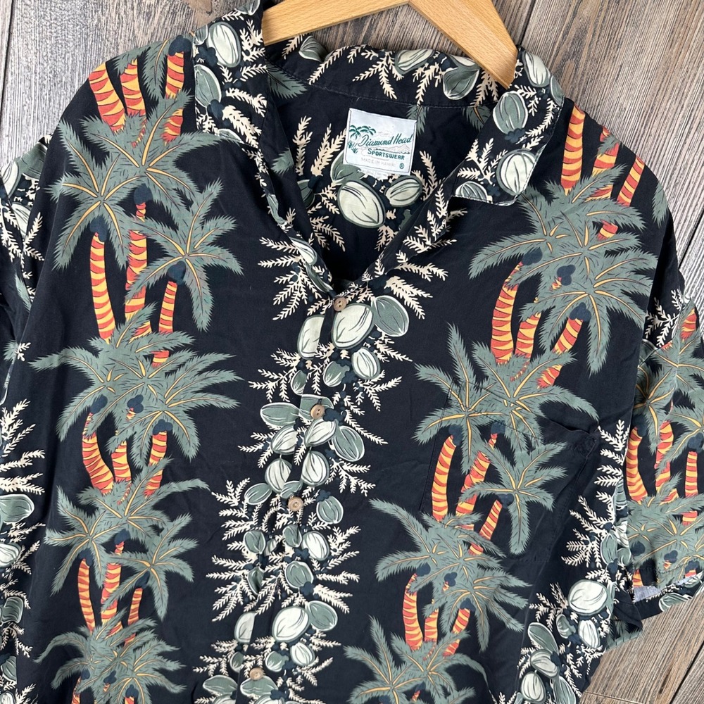 Diamond Head Sportswear Mens Hawaiian Shirt Black Palm Tree Coconut Made Hawaii